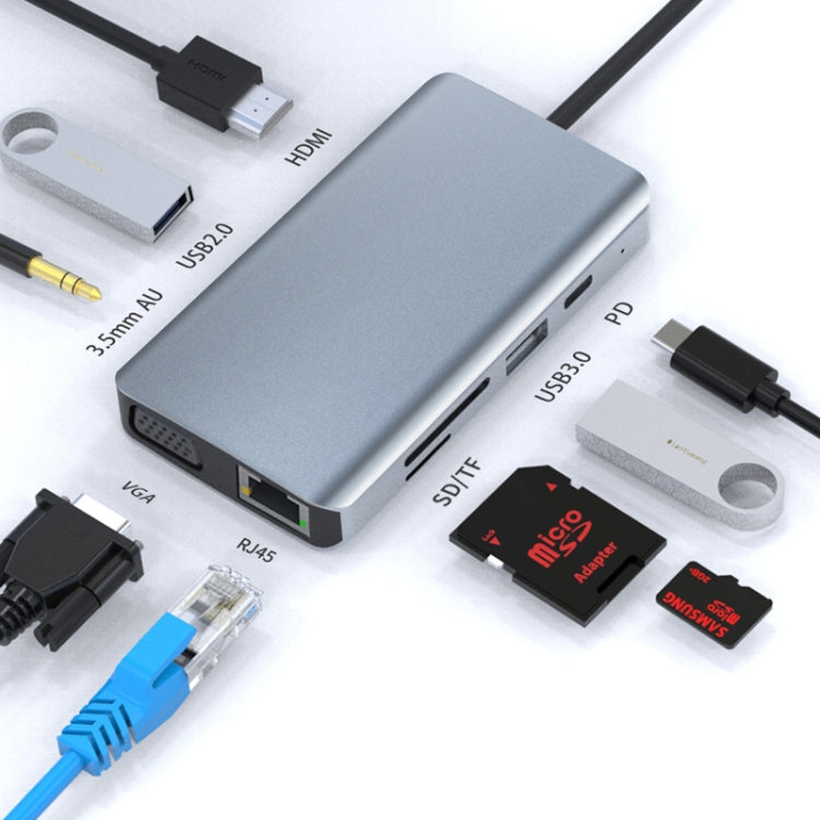 9 in 1 RJ45 + 100W PD + SD/TF + USBx2 + HDMI + VGA + 3.5mm AUX to Type-C HUB Adapter Eurekaonline