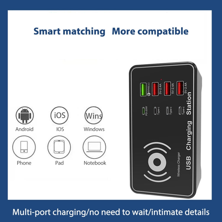 A7 High-power 100W 4 x PD 20W + QC3.0 USB Charger +15W Qi Wireless Charger Multi-port Smart Charger Station, Plug Size:UK Plug Eurekaonline