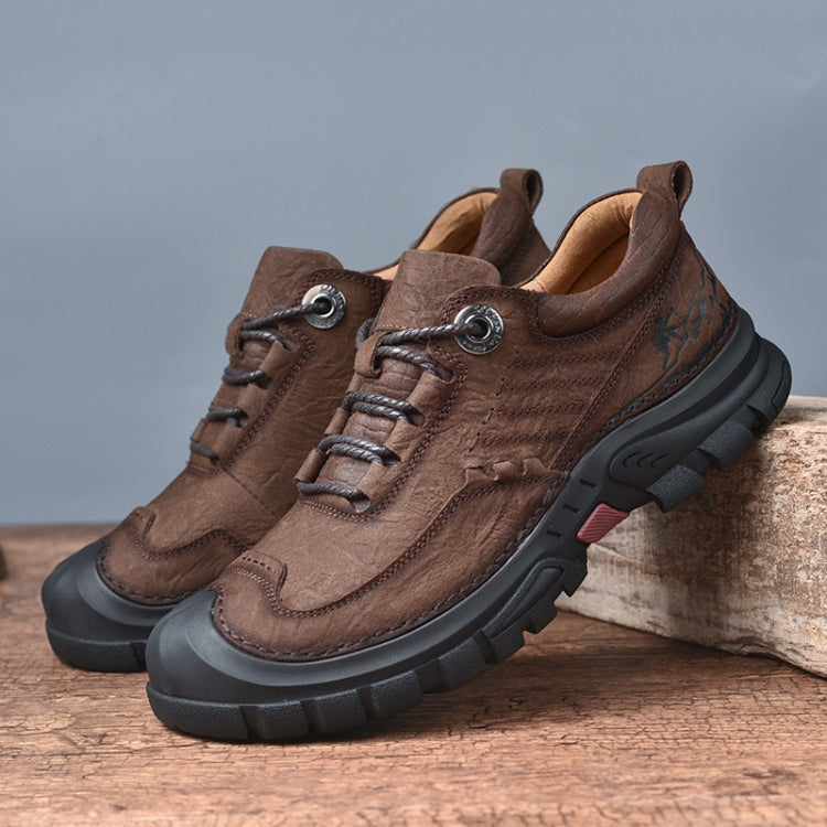 AS6058 Autumn Men Outdoor Hiking Shoes Lace-up Round Head Leather Shoes, Size: 44(Dark Brown) Eurekaonline