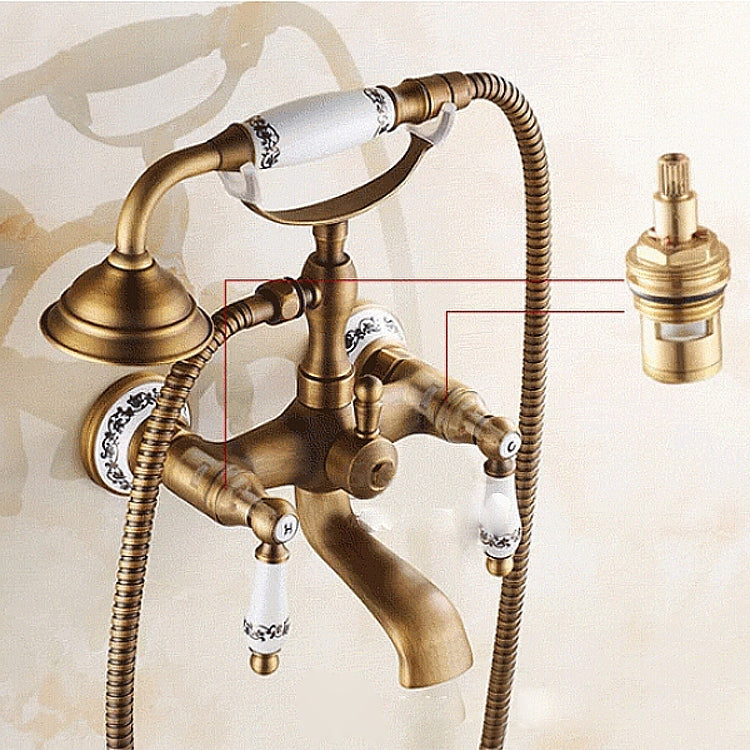 Antique Brass Wall Mounted Bathroom Tub Faucet Dual Ceramics Handles Telephone Style Hand Shower, Specification:Telephone Shower + Blue and White Fixed Seat Eurekaonline