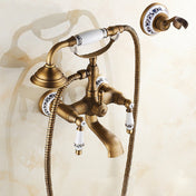 Antique Brass Wall Mounted Bathroom Tub Faucet Dual Ceramics Handles Telephone Style Hand Shower, Specification:Telephone Shower + Blue and White Fixed Seat Eurekaonline