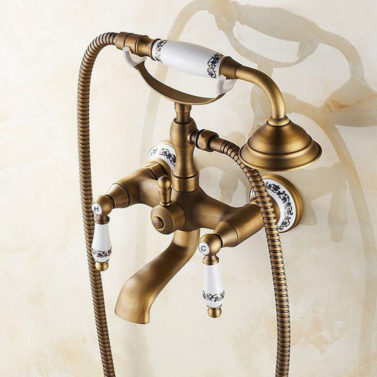 Antique Brass Wall Mounted Bathroom Tub Faucet Dual Ceramics Handles Telephone Style Hand Shower, Specification:Telephone Shower + Blue and White Fixed Seat Eurekaonline