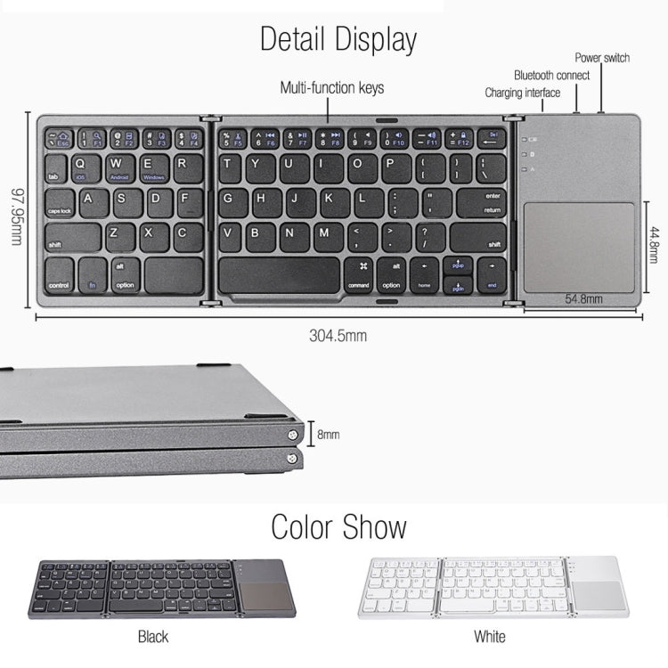 B033 Rechargeable 3-Folding 64 Keys Bluetooth Wireless Keyboard with Touchpad(Grey) Eurekaonline