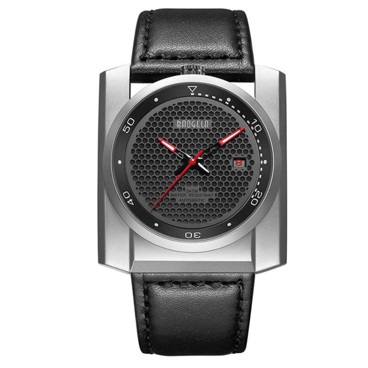 BAOGELA 6775G Honeycomb Hollow Round Dial Leather Strap Clock Calendar Mechanical Watch For Men(Black Silver) Eurekaonline