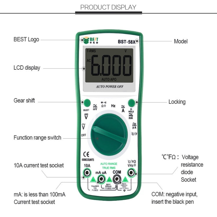 BEST BST-58X Multi-function Digital Multimeter Automatic Range Four Position Semi Backlight Display Intelligent Anti Burning Eurekaonline