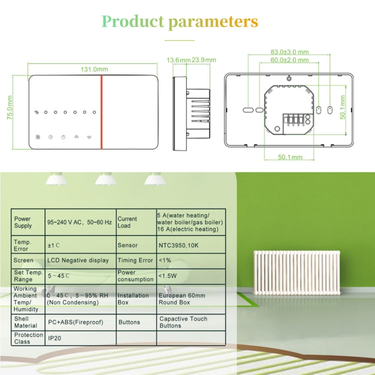 BHT-005-GB 220V AC 16A Smart Home Heating Thermostat for EU Box, Control Electric Heating with Only Internal Sensor Eurekaonline