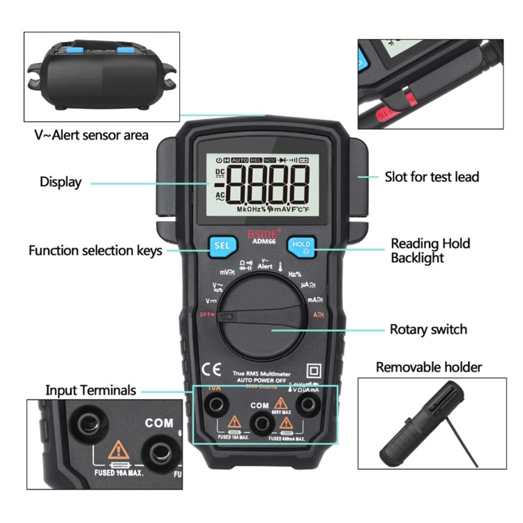 BSIDE ADM66 Handheld Household 6000 Count AC / DC Current Voltage Capacitor Automatic Range Multimeter with LCD Backlight & Card Slot Function Eurekaonline