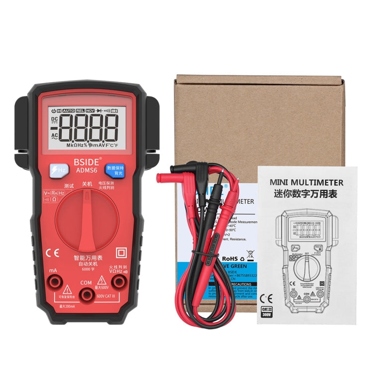 BSIDE ADMS6 High-precision Fully Automatic Small Digital Intelligent Multimeter with HD Digital Display & Shockproof Cover, Support Function Range Switch & Double-sided Pen Holder (Red) Eurekaonline