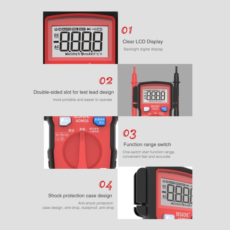 BSIDE ADMS6 High-precision Fully Automatic Small Digital Intelligent Multimeter with HD Digital Display & Shockproof Cover, Support Function Range Switch & Double-sided Pen Holder (Red) Eurekaonline