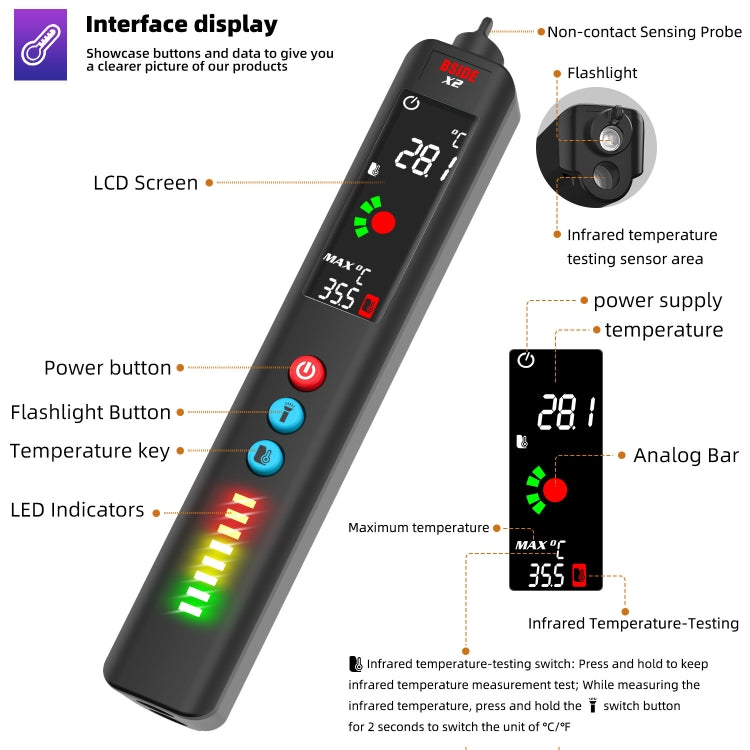 BSIDE X2 Three-Mode Smart Multimeter Electric Pen Infrared Thermometer with Flashlight Lighting Eurekaonline