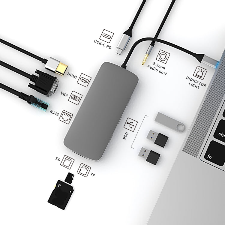 Basix BL10V 10 in 1 USB-C / Type-C to RJ45 + VGA + HDMI + 3.5mm AUX + SD / TF Card Slot + PD USB-C / Type-C + USB 3.0 + 2 USB 2.0 Ports Docking Station HUB Eurekaonline