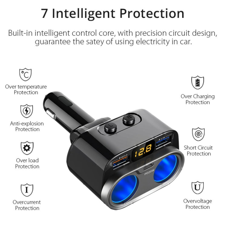 C47PQ Car Cigarette Lighter + Dual USB + Type-C Car Charger(Black) Eurekaonline