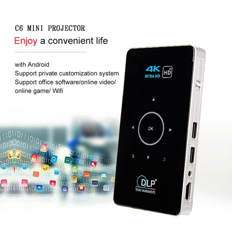 C6 1G+8G Android System Intelligent DLP HD Mini Projector Portable Home Mobile Phone Projector， UK Plug (Black) Eurekaonline