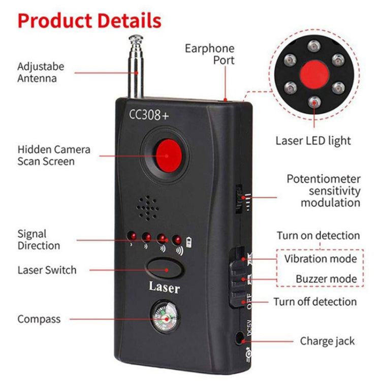 CC308+ Multi-Detector Full-Range All-Round Detector For Hidden Mini Camera / IP Lens/ GMS / RF Signal Detector Finder(Black) Eurekaonline