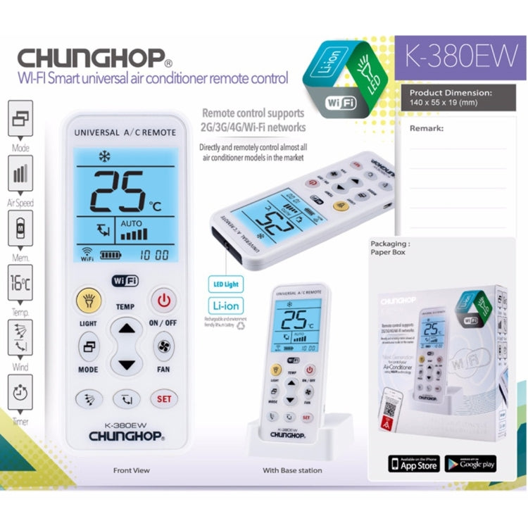 CHUNGHOP K-380EW WiFi Smart Universal LCD Air-Conditioner Remote Control with Holder, Support 2G / 3G / 4G / WiFi Network(White) Eurekaonline