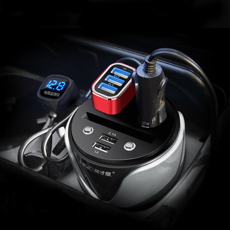 1a dual usb ports car 12v-24v charger with 2-socket cigarette, card socket and led display(silver)