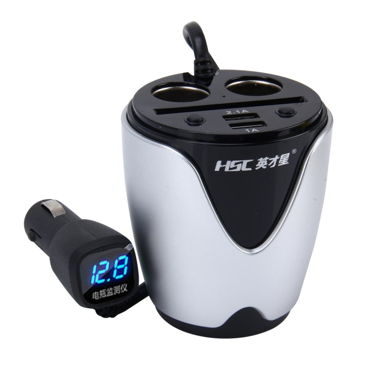 hsc yc-19d car cup charger 2.1a/1a dual usb ports car 12v-24v charger with 2-socket cigarette, card socket and led display(silver)