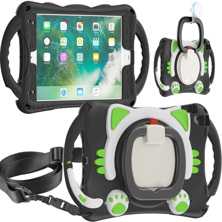 Cute Cat King Kids Shockproof Silicone Tablet Case with Holder & Shoulder Strap & Handle For iPad 9.7 2018 / 2017 / Air / Air 2 / Pro 9.7(Black Green) Eurekaonline
