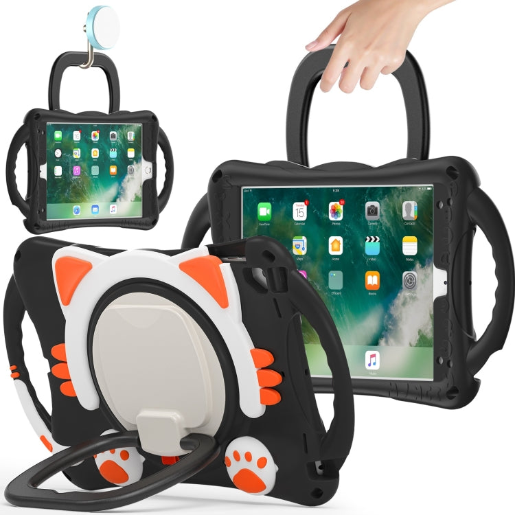 Cute Cat King Kids Shockproof Silicone Tablet Case with Holder & Shoulder Strap & Handle For iPad 9.7 2018 / 2017 / Air / Air 2 / Pro 9.7(Black Orange) Eurekaonline