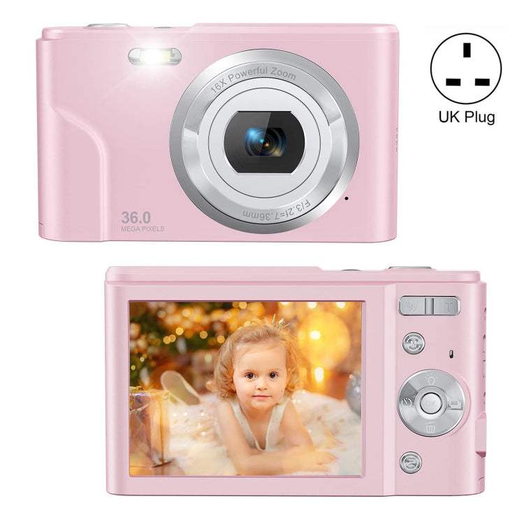 DC311 2.4 inch 36MP 16X Zoom 2.7K Full HD Digital Camera Children Card Camera, UK Plug (Pink) Eurekaonline