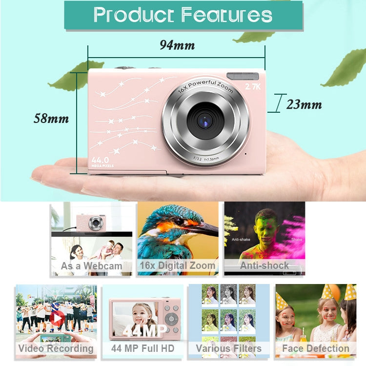 DC402 2.4 inch 44MP 16X Zoom 2.7K Full HD Digital Camera Children Card Camera, UK Plug (Pink) Eurekaonline