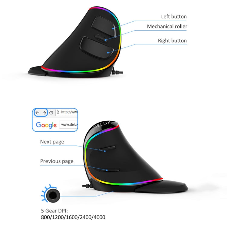 DELUX M618 Plus RGB Wired Optical Mouse Ergonomic Vertical Mouse 4000DPI Eurekaonline