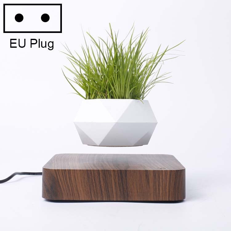 Diamond Plastic Flower Pot + Dark Wood Grain Base Magnetic Levitation Potted Plant Home Decoration, EU Plug Eurekaonline