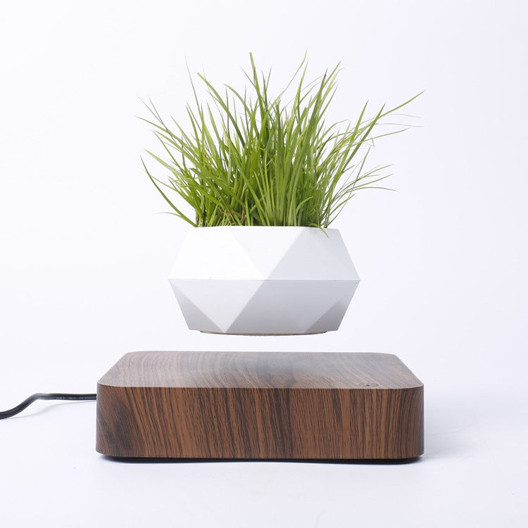 Diamond Plastic Flower Pot + Dark Wood Grain Base Magnetic Levitation Potted Plant Home Decoration, EU Plug Eurekaonline