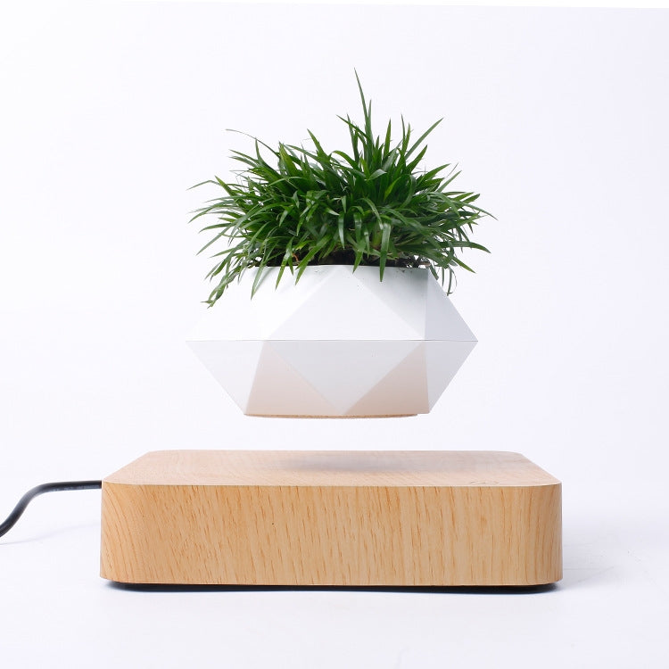 Diamond Plastic Flower Pot + Light Wood Grain Base Magnetic Levitation Potted Plant Home Decoration, EU Plug Eurekaonline