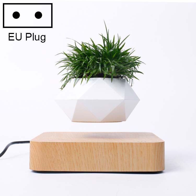 Diamond Plastic Flower Pot + Light Wood Grain Base Magnetic Levitation Potted Plant Home Decoration, EU Plug Eurekaonline