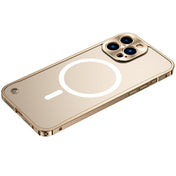 for iphone 13 pro metal frame frosted pc shockproof magsafe case (gold)