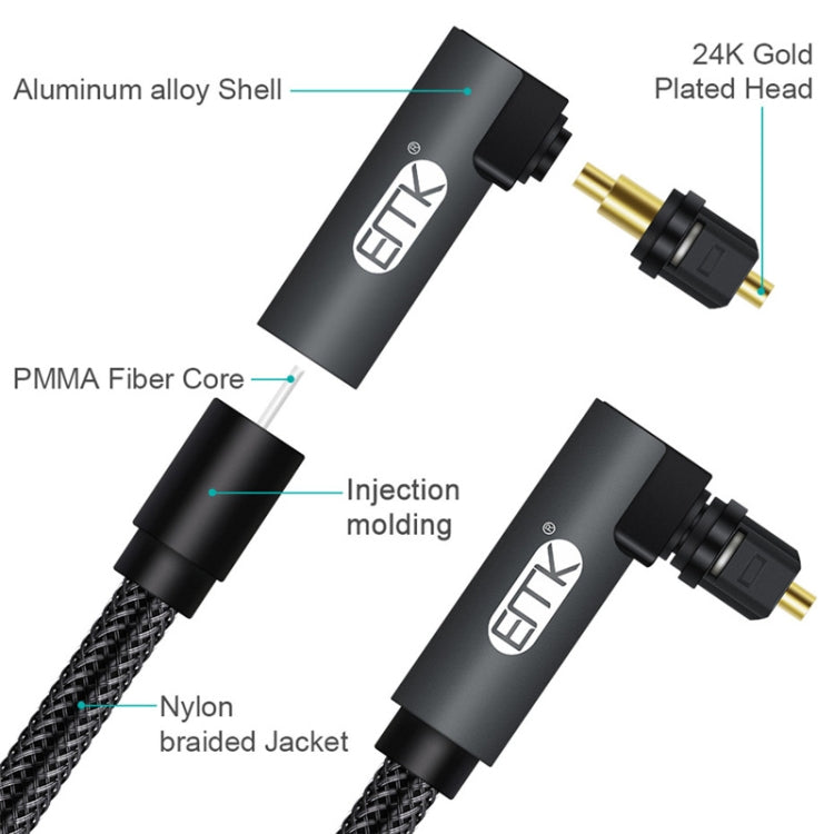 EMK 90 Degree Swivel Adjustable Right Angled 360 Degrees Rotatable Plug Nylon Woven Mesh Optical Audio Cable, Cable Length:2m(Black) Eurekaonline