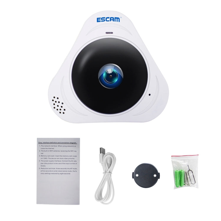 ESCAM Q8 960P 360 Degrees Fisheye Lens 1.3MP WiFi IP Camera, Support Motion Detection / Night Vision, IR Distance: 5-10m, EU Plug(White) Eurekaonline