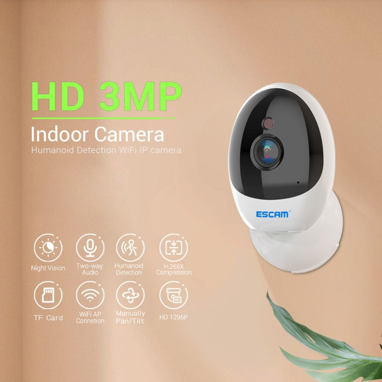 ESCAM QF006 3MP 1296P HD Indoor Wireless PTZ IP Camera IR Night Vision AI Humanoid Detection Home Security CCTV Monitor, Plug Type:UK Plug(White) Eurekaonline