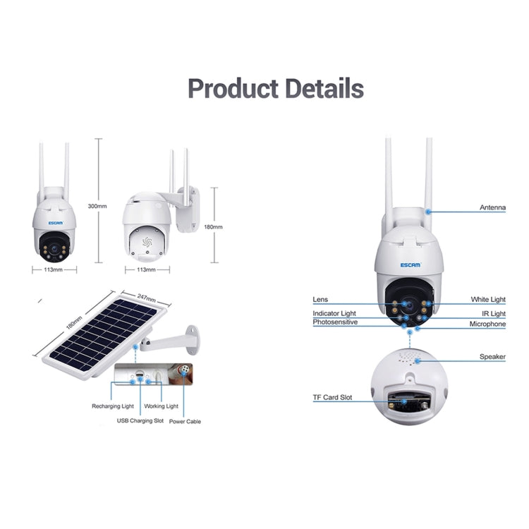 ESCAM QF130 1080P IP66 Waterproof WiFi IP Camera with Solar Panel, Support Night Vision & Motion Detection & Two Way Audio & TF Card & PTZ Control Eurekaonline