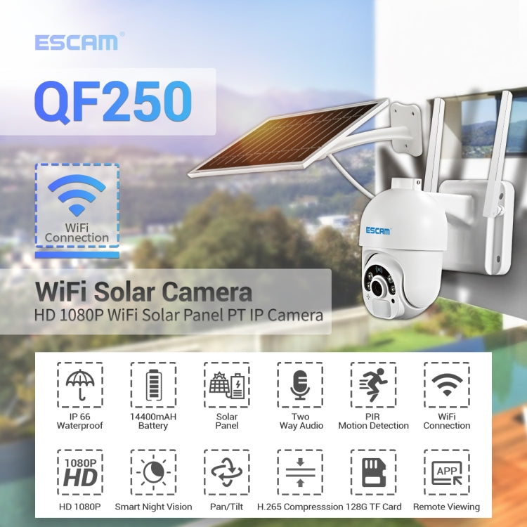 ESCAM QF250 HD 1080P WiFi Solar Panel IP Camera, Support Motion Detection / Night Vision / TF Card / Two-way Audio Eurekaonline