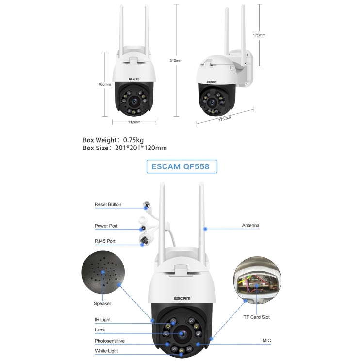 ESCAM QF558 5.0MP HD 5X Zoom Wireless IP Camera, Support Humanoid Detection, Night Vision, Two Way Audio, TF Card, EU Plug Eurekaonline