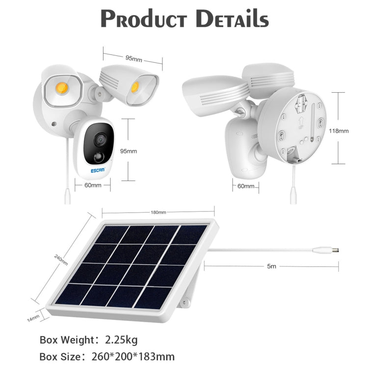 ESCAM QF609 1080P Solar Powered 1000LM Floodlight Wireless Camera with Solar Panel & 12000mAh Rechargeable Battery, Support PIR Sensor & Night Vision & Two Way Audio & TF Card Eurekaonline