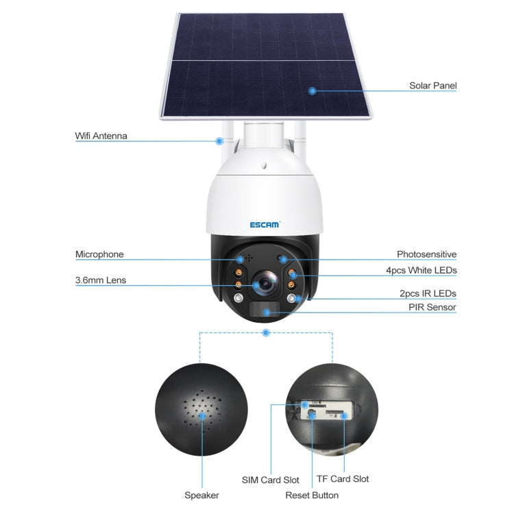 ESCAM QF724 3MP 24h Recording Cloud Storage PT 4G PIR Alarm IP Camera with Solar Panel, European Signal Bands Eurekaonline