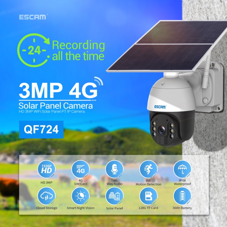 ESCAM QF724 3MP 24h Recording Cloud Storage PT 4G PIR Alarm IP Camera with Solar Panel, US Signal Bands Eurekaonline