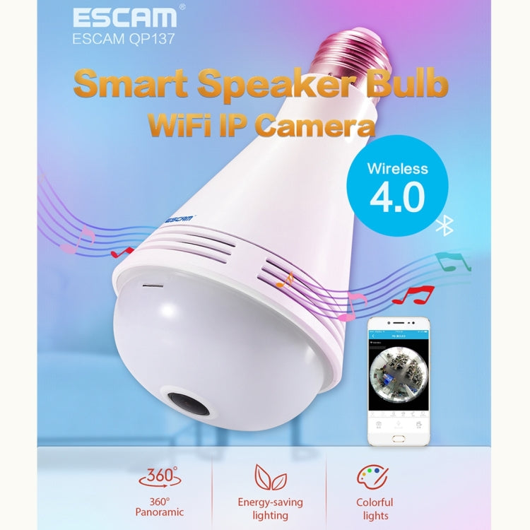 ESCAM QP137 2MP HD 1080P 360 Degree Panoramic Bluetooth Speaker Bulb IP Camera, E27, WiFi, Motion Detection,(White) Eurekaonline