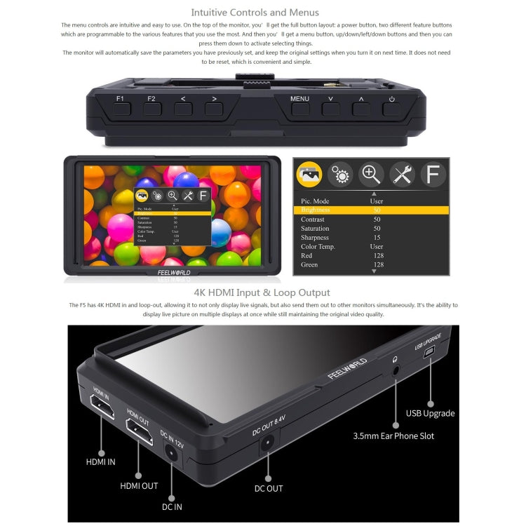 FEELWORLD F6S Full HD 1920x1080 5.0 inch IPS Screen DSLR Camera Field Monitor with Tilt Arm, Support 4K HDTV Input / Output Eurekaonline