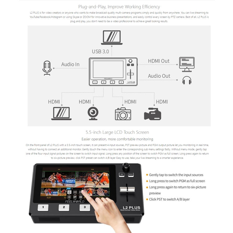 FEELWORLD L2 Plus Multi-camera Video Mixer Switcher with 5.5 inch Screen(EU Plug) Eurekaonline