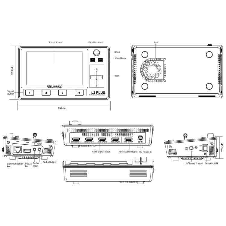 FEELWORLD L2 Plus Multi-camera Video Mixer Switcher with 5.5 inch Screen(US Plug) Eurekaonline