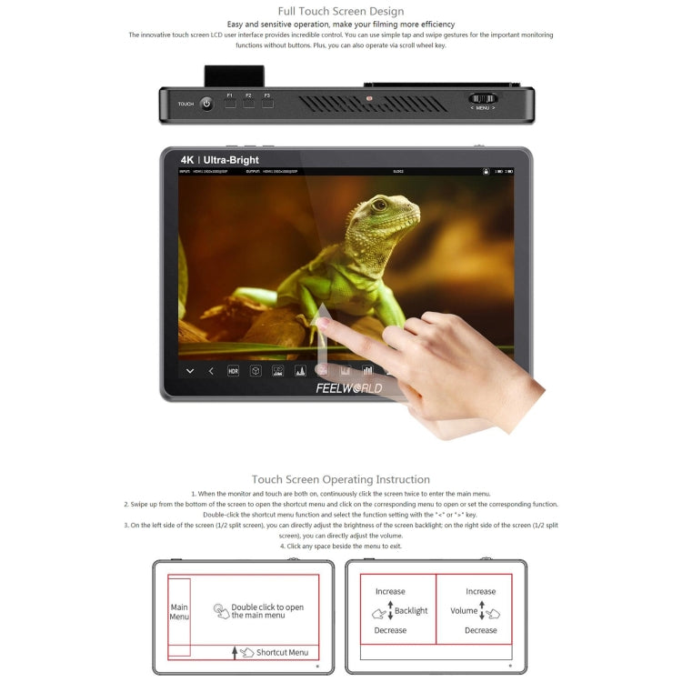 FEELWORLD LUT11S 10.1 inch Ultra High Bright 2000nit Touch Screen DSLR Camera Field Monitor, 3G-SDI 4K HDMI Input Output 1920 x 1200 IPS Panel(UK Plug) Eurekaonline