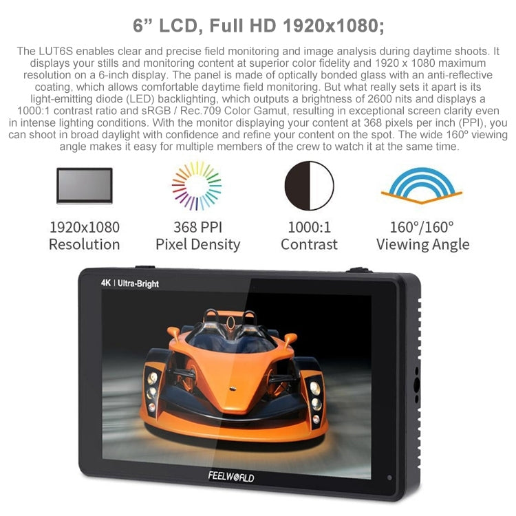 FEELWORLD LUT6S 1920x1080 2600 nits 6 inch IPS Screen HDMI 4K Touch Screen SDI HDI Camera Field Monitor Eurekaonline