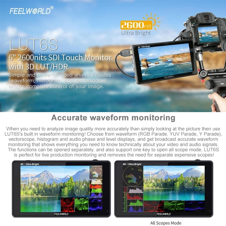 FEELWORLD LUT6S 1920x1080 2600 nits 6 inch IPS Screen HDMI 4K Touch Screen SDI HDI Camera Field Monitor Eurekaonline