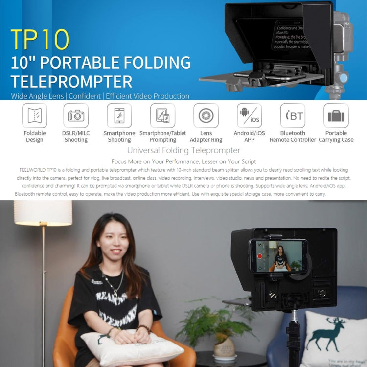 FEELWORLD TP10 Portable 10-inch Folding Teleprompter with Remote Control Lens Adapter Ring For Below 10 inches Smartphone / Tablet (Black) Eurekaonline