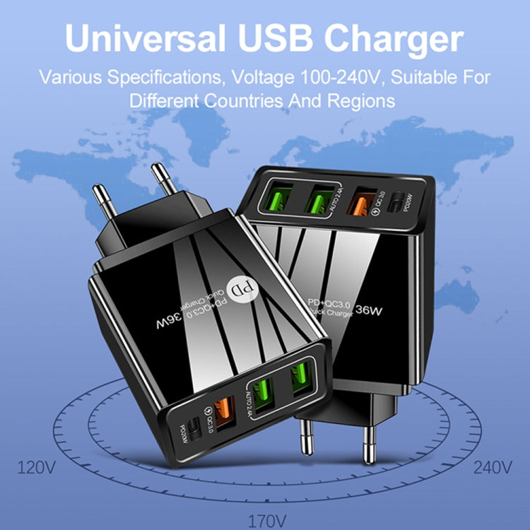 FLOVEME 210BL2008 PD20W+QC3.0+2.4A Dual USB 36W Fast Charge Mobile Phone Charger, EU Plug (Black)(Black) Eurekaonline