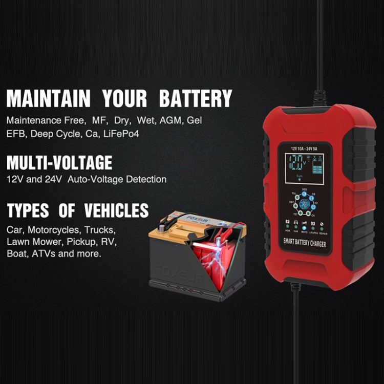 FOXSUR 10A 12V 7-segment Motorcycle / Car Smart Battery Charger, Plug Type:EU Plug(Red) Eurekaonline